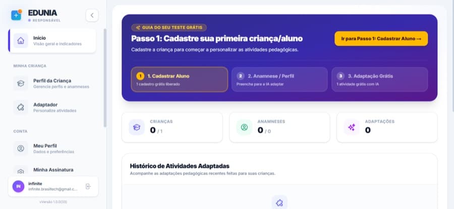 Tela da plataforma EDUNIA mostrando uma atividade adaptada